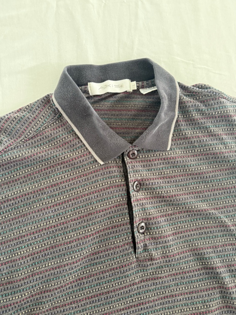 Vintage Vtg 90s Axis Men’s Gray Striped Short Sleeve Polo Size Large 100% Cotton